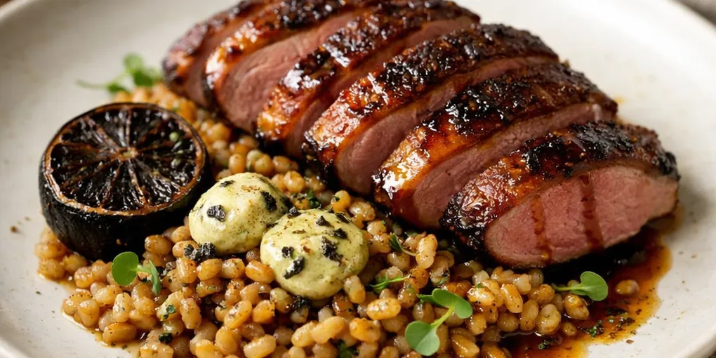 Rooibos-Smoked Duck with Burnt Honey & Black-Lime Buttered Farro