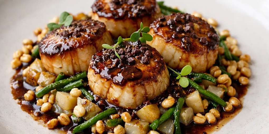 Seared Scallops with Salty Cacao Brown Butter, Sunchoke–Samphire Ragout & Puffed Barley