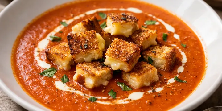 Classic Creamy Tomato Soup with Grilled Cheese Croutons