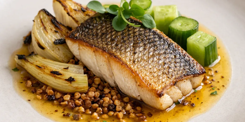 Lapsang‑Infused Beurre Monté Sea Bass with Charred Fennel, Compressed Cucumber & Toasted Buckwheat Crunch