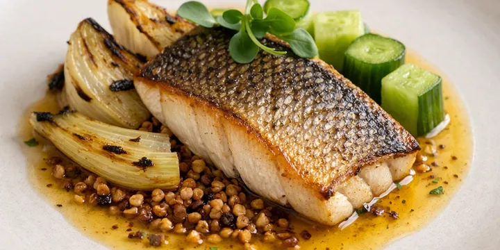 Lapsang‑Infused Beurre Monté Sea Bass with Charred Fennel, Compressed Cucumber & Toasted Buckwheat Crunch