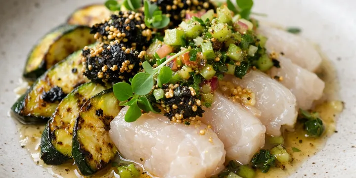 Koji‑Cured Halibut with Charred Summer Squash, Green Strawberry Relish & Nori‑Puffed Quinoa Crunch