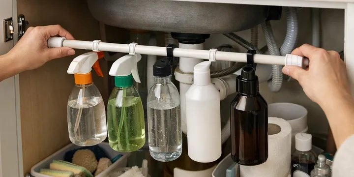 Turn Under-Sink Chaos Into a Bottle Rack with a Tension Rod