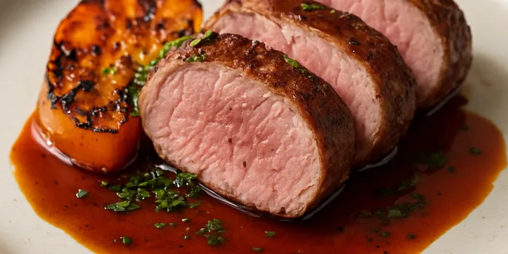 Mahlab‑Basted Lamb Loin with Charred Persimmon Butter & Smoky Quince Jus