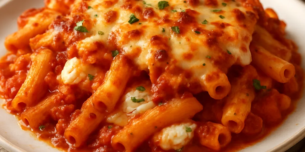 Homestyle Baked Ziti with Creamy Ricotta & Crispy Mozzarella