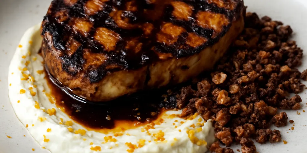 Charcoal-Grilled Celeriac Steak with Smoked Honey‑Balsamic Glass, Salted‑Orange Labneh & Cocoa‑Smoke Hazelnut Crumble