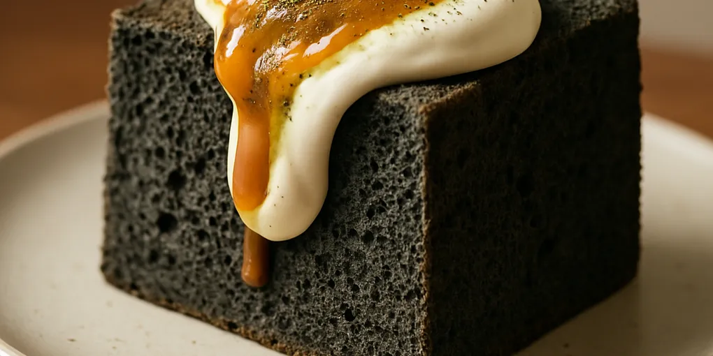 녹차솔트 카라멜과 발효 크림을 얹은 흑임자 시폰 케이크