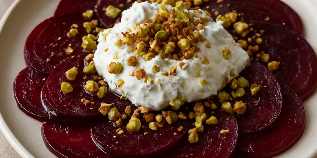 Cold‑Brew Coffee‑Cured Beet Carpaccio with Yogurt Snow & Pistachio‑Buckwheat Crunch