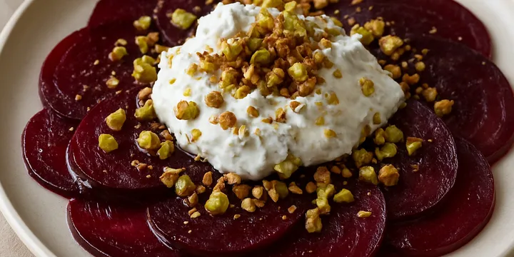 Cold‑Brew Coffee‑Cured Beet Carpaccio with Yogurt Snow & Pistachio‑Buckwheat Crunch