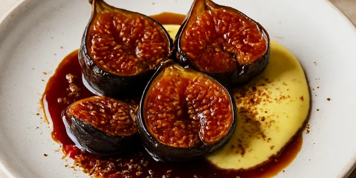 Roasted Figs with Miso–Szechuan Caramel, Olive‑Oil Sabayon & Toasted Rye Dust