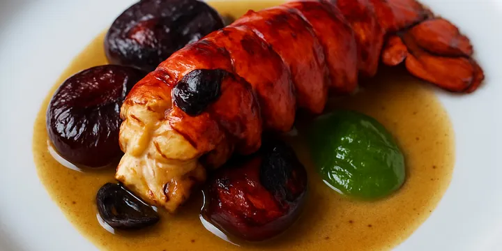 Smoked Plum & Black‑Garlic Lobster with Buckwheat Dashi‑Butter & Pickled Pine‑Needle Gel