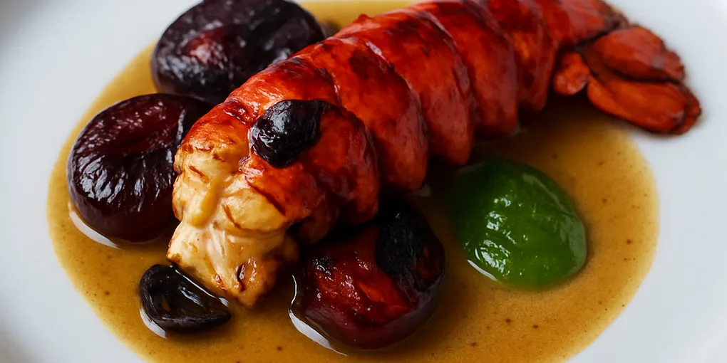 Smoked Plum & Black‑Garlic Lobster with Buckwheat Dashi‑Butter & Pickled Pine‑Needle Gel