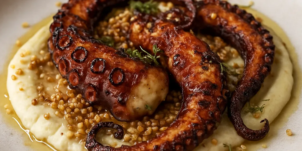 Double‑Kombucha Charred Octopus with Burnt‑Butter Fennel Purée & Toasted Millet Crunch