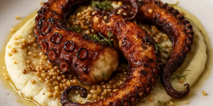 Double‑Kombucha Charred Octopus with Burnt‑Butter Fennel Purée & Toasted Millet Crunch