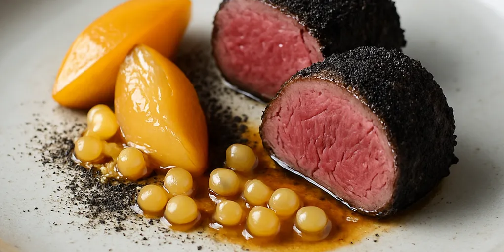 Venison Loin with Juniper Ash, Pickled Quince & Molten Marrow Pearls