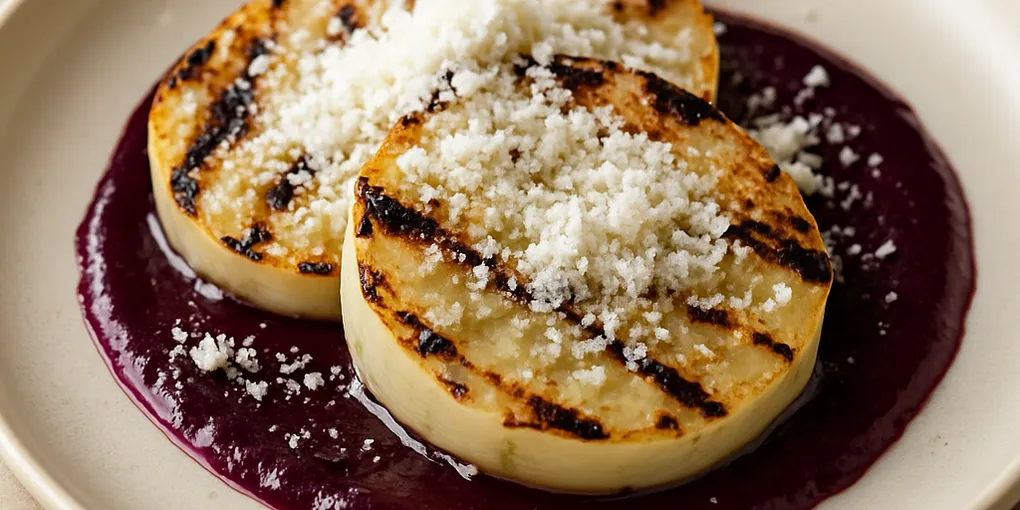 Charred Kohlrabi Steaks with Concord-Grape Gel & Olive‑Oil Snow