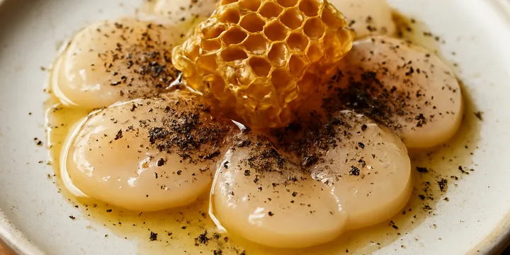 Salt‑Aged Scallop Crudo with Mezcal Honeycomb & Cardamom Ash