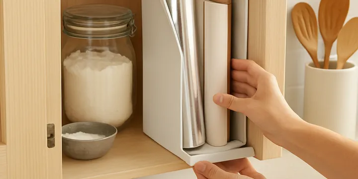 Inside‑Cabinet Wrap Dispenser — Mount a Magazine File to Tame Foil, Plastic Wrap and Parchment