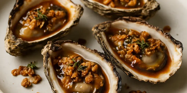 Charred Oysters with Black‑Tea Caramel & Rye‑Smoked Brown‑Butter Granola