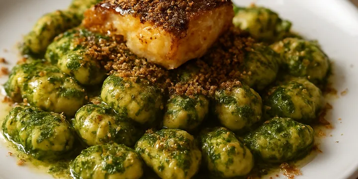 Charred Carrot-Top Pesto Gnocchi with Scotch‑Smoked Mackerel Butter & Honeyed Rye Dust