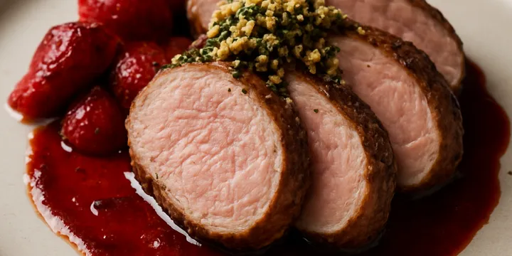 Juniper‑Smoked Pork Tenderloin with Smoked‑Strawberry Gastrique & Coffee‑Parmesan Gremolata