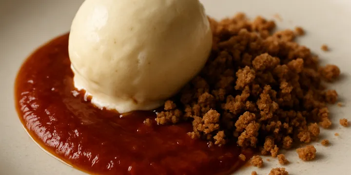 Smoked Tomato‑Caramel with Miso Olive‑Oil Ice Cream & Rye Citrus Crumble